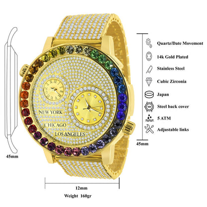 Men's Rainbow Multi Tone Chronograph Real Diamond Dial Men's 18K Gold Finish Flower Bezel Band Custom Watch Analog 45mm W/Date
