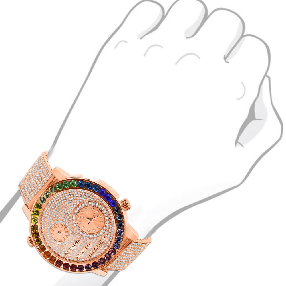 Men's 18K Rose Gold Finish Rainbow Multi Tone Chronograph Solitaire Real Diamond Dial Custom Bezel And Band Watch Analog 45mm W/Date