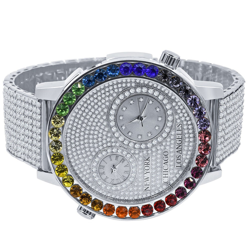 Men's Solitaire 18K White Gold Finish Rainbow Multi Tone Chronograph Real Diamond Dial Custom Bezel And Band Watch Analog 45mm W/Date