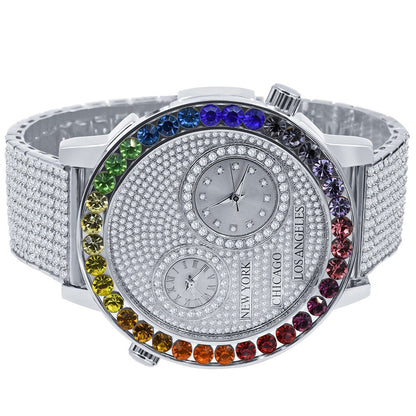 Men's Solitaire 18K White Gold Finish Rainbow Multi Tone Chronograph Real Diamond Dial Custom Bezel And Band Watch Analog 45mm W/Date
