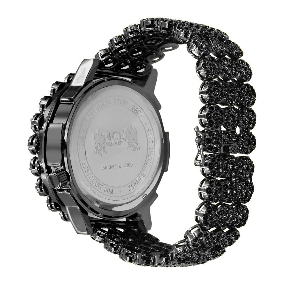 2 Time Zone Chronograph Simulated Diamond Dial Men's 18K Black Gold Finish Flower Bezel Band 5 ATM Water Resistant Watch Analog 45mm W/Date