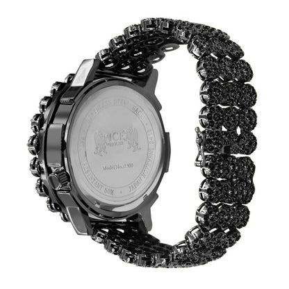 2 Time Zone Chronograph Simulated Diamond Dial Men's 18K Black Gold Finish Flower Bezel Band 5 ATM Water Resistant Watch Analog 45mm W/Date