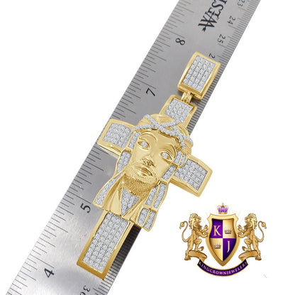 33+ Grams Real Genuine Sterling Silver Big XL 3.5'' 14k Yellow Gold Finish 4.5 Cwt. Simulated Diamond Jesus Face Cross Custom Pendant Charm