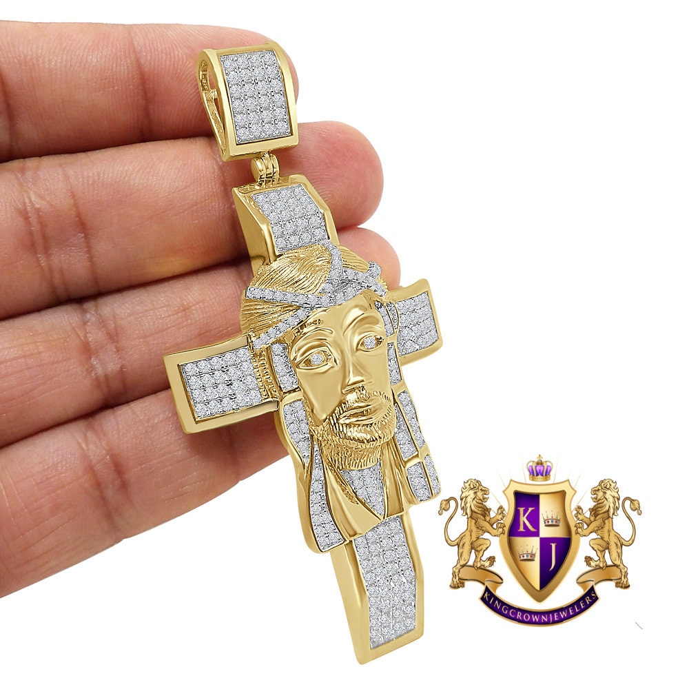33+ Grams Real Genuine Sterling Silver Big XL 3.5'' 14k Yellow Gold Finish 4.5 Cwt. Simulated Diamond Jesus Face Cross Custom Pendant Charm