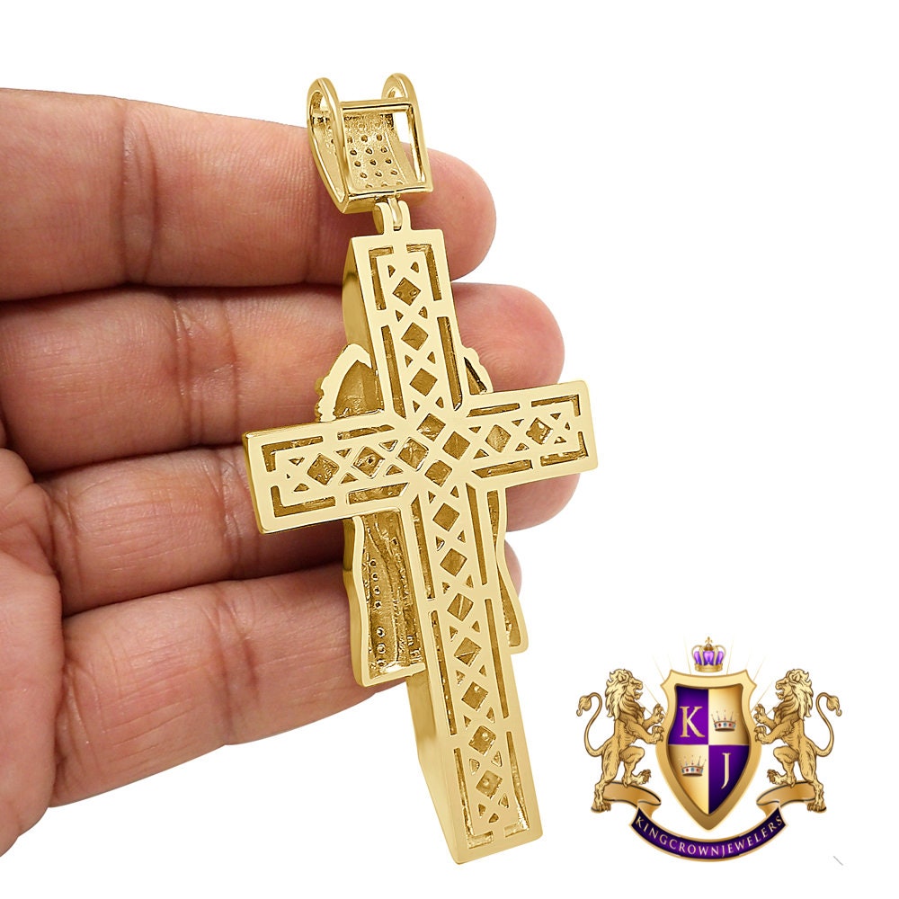 33+ Grams Real Genuine Sterling Silver Big XL 3.5'' 14k Yellow Gold Finish 4.5 Cwt. Simulated Diamond Jesus Face Cross Custom Pendant Charm