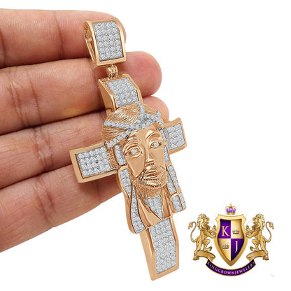 33+ Grams Real Genuine Sterling Silver Big XL 3.5'' 14k Rose Gold Finish 4.5 Cwt. Simulated Diamond Jesus Face Cross Custom Pendant Charm