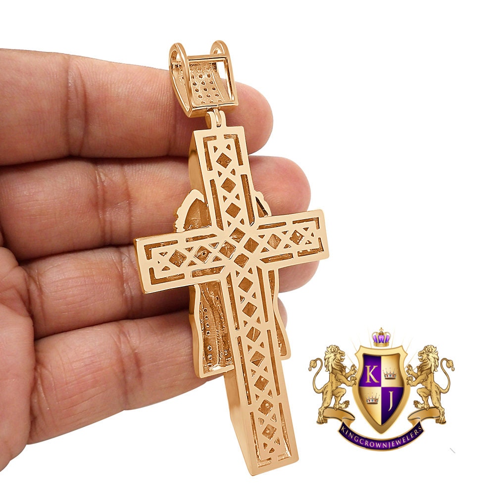 33+ Grams Real Genuine Sterling Silver Big XL 3.5'' 14k Rose Gold Finish 4.5 Cwt. Simulated Diamond Jesus Face Cross Custom Pendant Charm