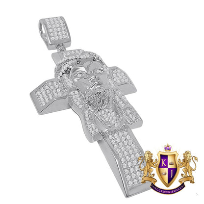 33+ Grams Real Genuine Sterling Silver Big XL 3.5'' 14k White Gold Finish 4.5 Cwt. Simulated Diamond Jesus Face Cross Custom Pendant Charm