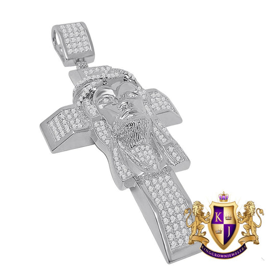 33+ Grams Real Genuine Sterling Silver Big XL 3.5'' 14k White Gold Finish 4.5 Cwt. Simulated Diamond Jesus Face Cross Custom Pendant Charm