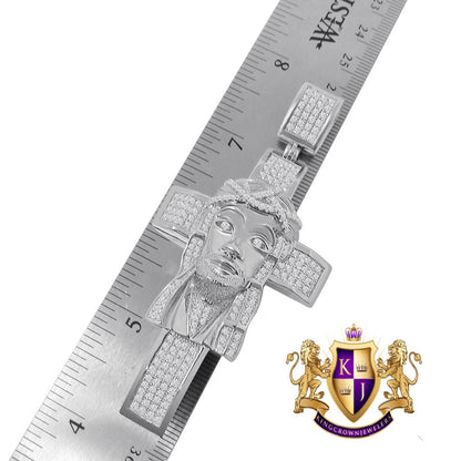 33+ Grams Real Genuine Sterling Silver Big XL 3.5'' 14k White Gold Finish 4.5 Cwt. Simulated Diamond Jesus Face Cross Custom Pendant Charm