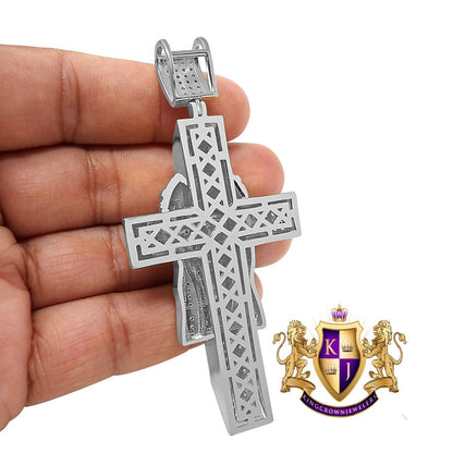 33+ Grams Real Genuine Sterling Silver Big XL 3.5'' 14k White Gold Finish 4.5 Cwt. Simulated Diamond Jesus Face Cross Custom Pendant Charm