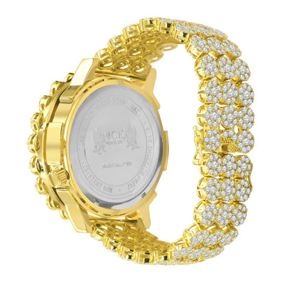 2 Time Zone Chronograph Simulated Diamond Men's 18K Yellow Gold Finish Flower Bezel Band 5 ATM Water Resistant Watch Analog Big 45mm W/Date