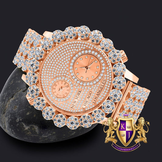 2 Time Zone Chronograph Simulated Diamond Men's 18K Rose Gold Finish Flower Bezel Band 5 ATM Water Resistant Watch Analog Big 45mm W/Date
