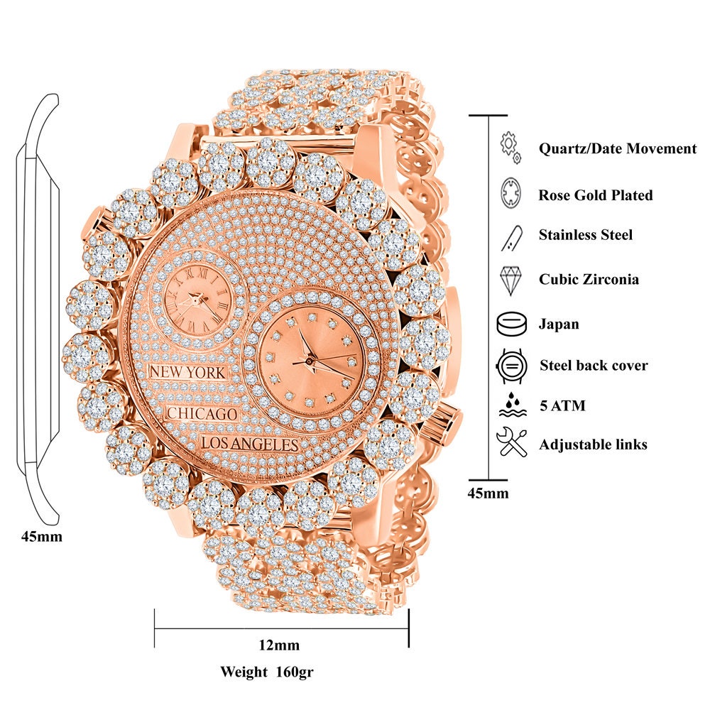 2 Time Zone Chronograph Simulated Diamond Men's 18K Rose Gold Finish Flower Bezel Band 5 ATM Water Resistant Watch Analog Big 45mm W/Date