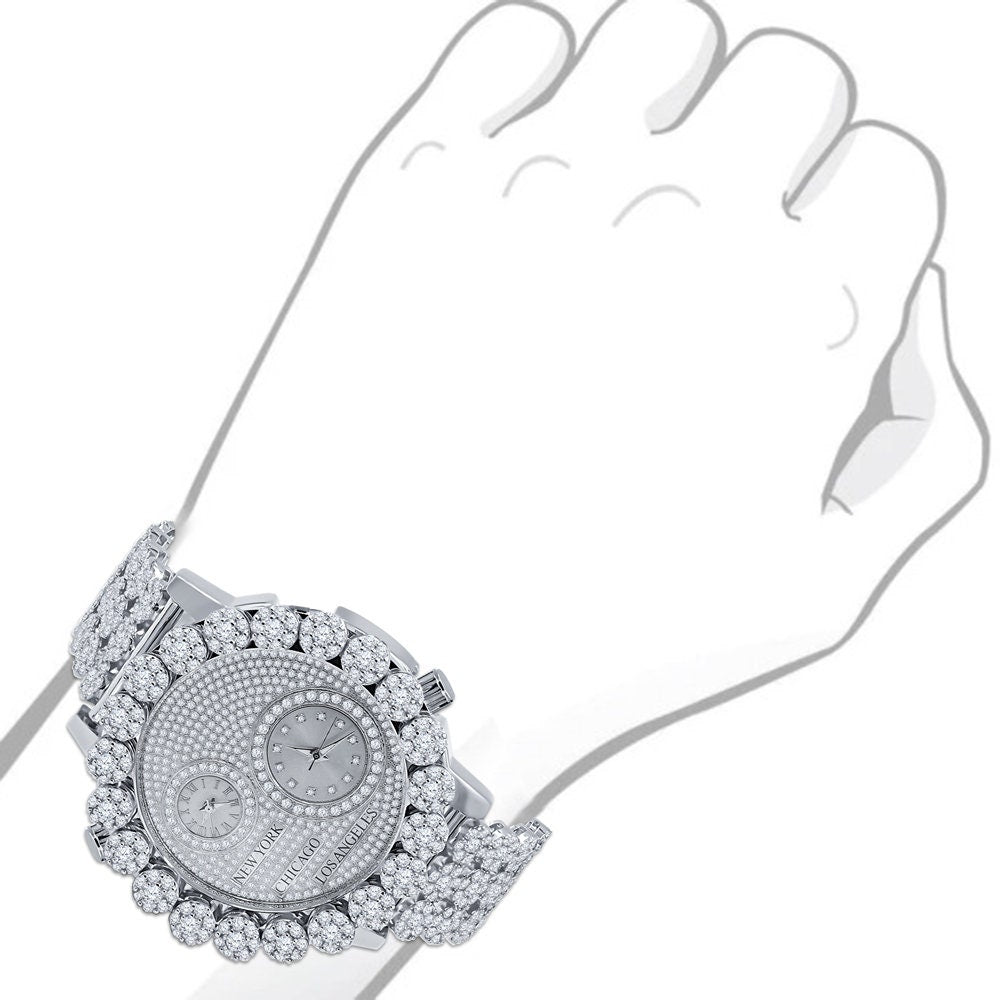 2 Time Zone Chronograph Simulated Diamond Men's 18K White Gold Finish Flower Bezel Band 5 ATM Water Resistant Watch Analog Big 45mm W/Date