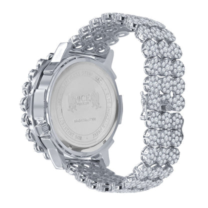 2 Time Zone Chronograph Simulated Diamond Men's 18K White Gold Finish Flower Bezel Band 5 ATM Water Resistant Watch Analog Big 45mm W/Date