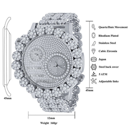 2 Time Zone Chronograph Simulated Diamond Men's 18K White Gold Finish Flower Bezel Band 5 ATM Water Resistant Watch Analog Big 45mm W/Date