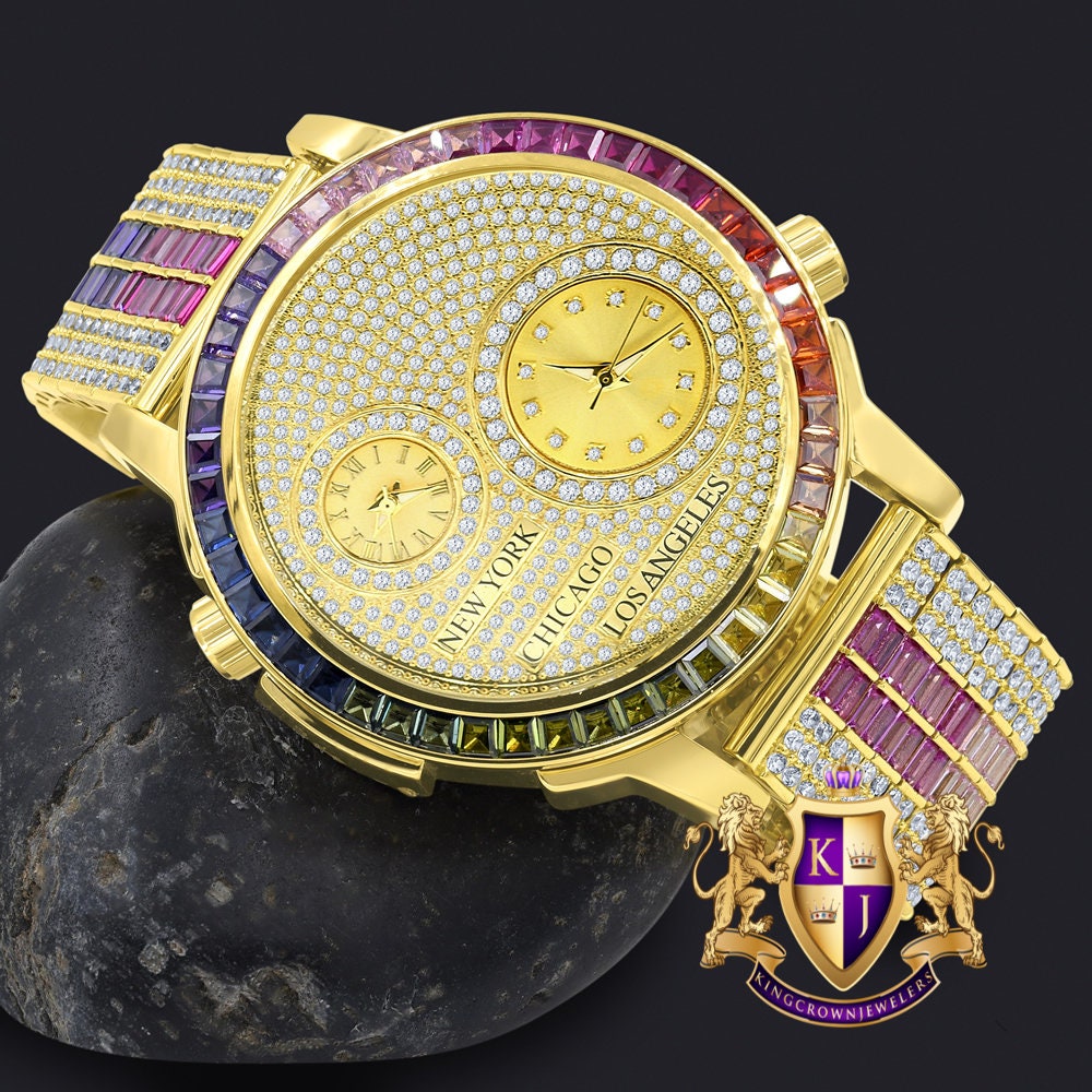 Baguette 2 Time Zone Chronograph Rainbow Multi Tone Real Diamond Dial 18K Gold Over Custom Luxury Men's Watch W/Date
