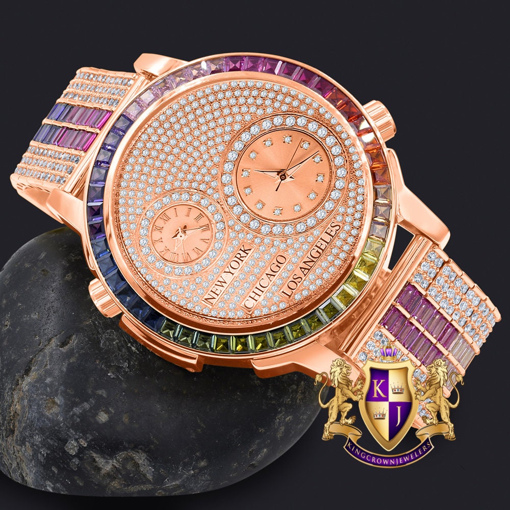 Baguette 2 Time Zone Chronograph Rainbow Multi Tone Real Diamond Dial 18K Rose Gold Over Custom Luxury Men's Watch W/Date
