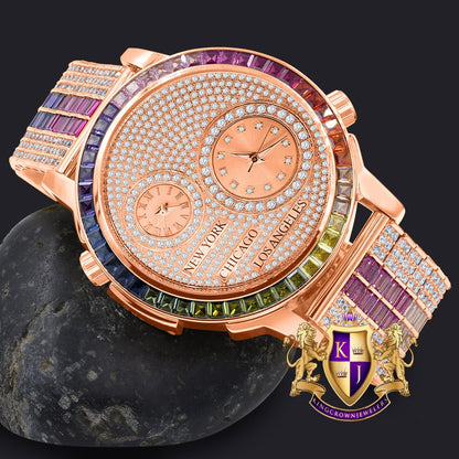 Baguette 2 Time Zone Chronograph Rainbow Multi Tone Real Diamond Dial 18K Rose Gold Over Custom Luxury Men's Watch W/Date
