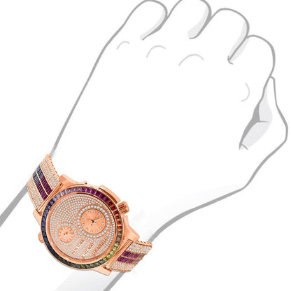 Baguette 2 Time Zone Chronograph Rainbow Multi Tone Real Diamond Dial 18K Rose Gold Over Custom Luxury Men's Watch W/Date