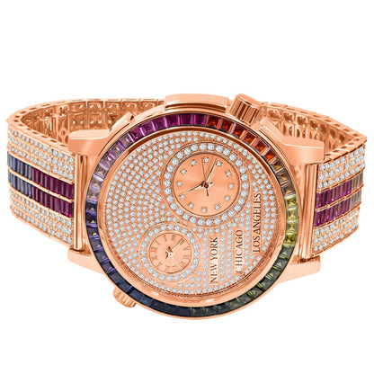 Baguette 2 Time Zone Chronograph Rainbow Multi Tone Real Diamond Dial 18K Rose Gold Over Custom Luxury Men's Watch W/Date