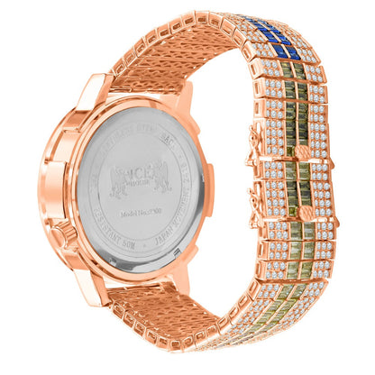 Baguette 2 Time Zone Chronograph Rainbow Multi Tone Real Diamond Dial 18K Rose Gold Over Custom Luxury Men's Watch W/Date