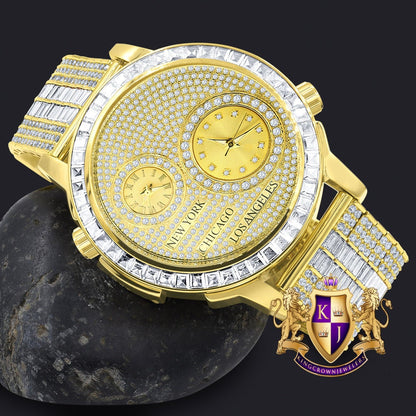 Men's Baguette 2 Time Zone Chronograph Real Diamond Dial 18K Gold Over Custom Luxury Watch W/Date