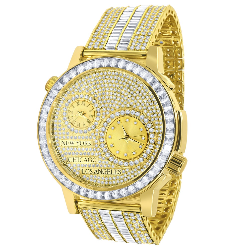 Men's Baguette 2 Time Zone Chronograph Real Diamond Dial 18K Gold Over Custom Luxury Watch W/Date