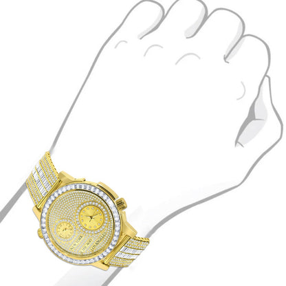 Men's Baguette 2 Time Zone Chronograph Real Diamond Dial 18K Gold Over Custom Luxury Watch W/Date