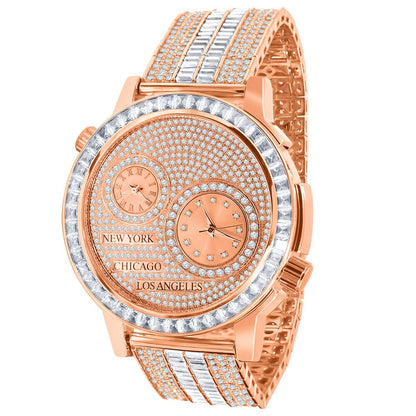 Men's Baguette 2 Time Zone Chronograph Real Diamond Dial 18K Rose Gold Over Custom Luxury Watch W/Date