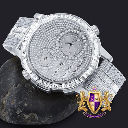 Men's Baguette 2 Time Zone Chronograph Real Diamond Dial 18K White Gold Over Custom Luxury Watch W/Date