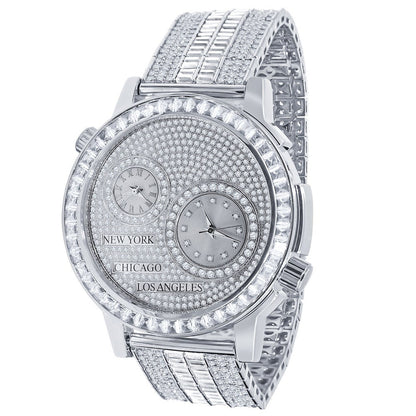 Men's Baguette 2 Time Zone Chronograph Real Diamond Dial 18K White Gold Over Custom Luxury Watch W/Date