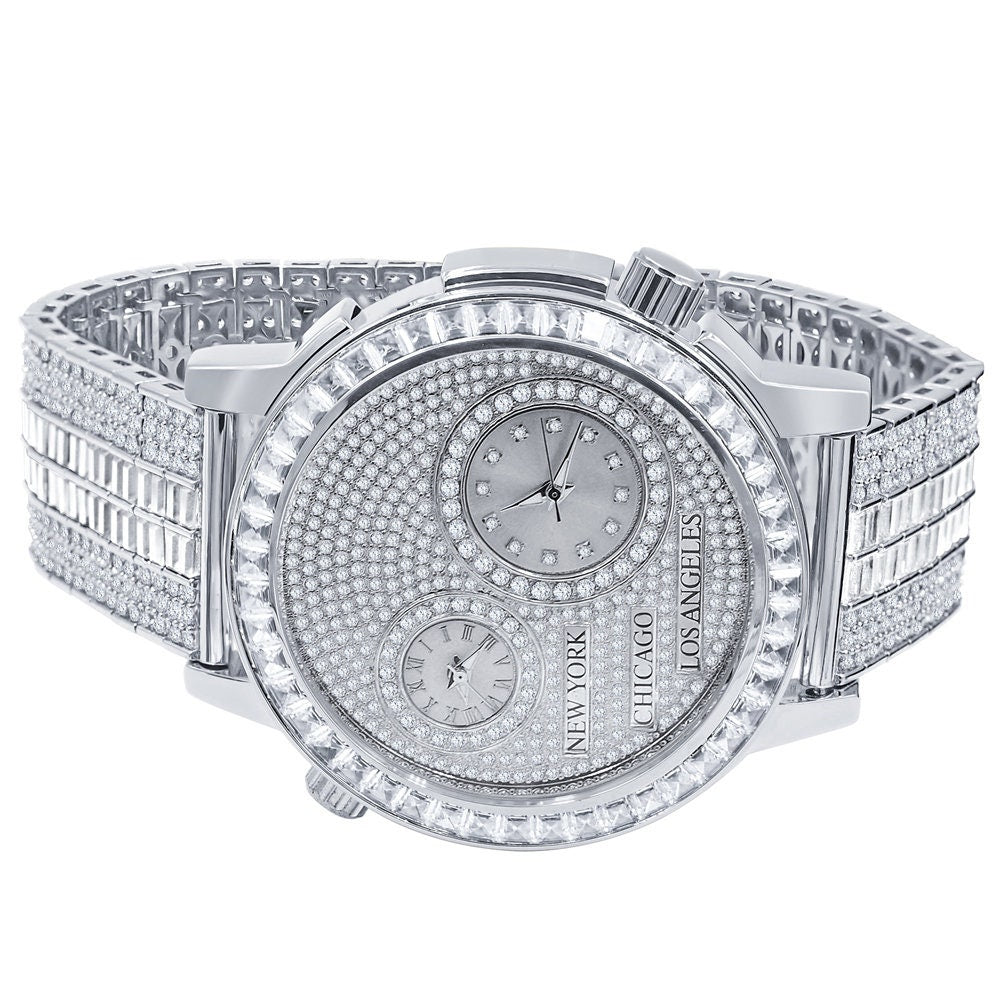Men's Baguette 2 Time Zone Chronograph Real Diamond Dial 18K White Gold Over Custom Luxury Watch W/Date