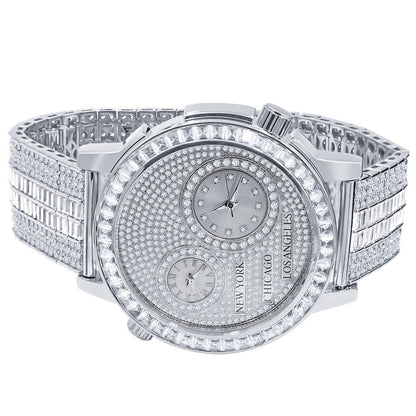 Men's Baguette 2 Time Zone Chronograph Real Diamond Dial 18K White Gold Over Custom Luxury Watch W/Date
