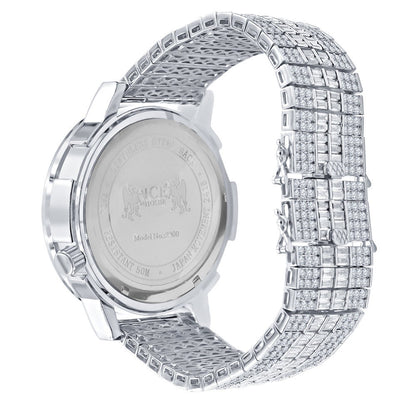 Men's Baguette 2 Time Zone Chronograph Real Diamond Dial 18K White Gold Over Custom Luxury Watch W/Date