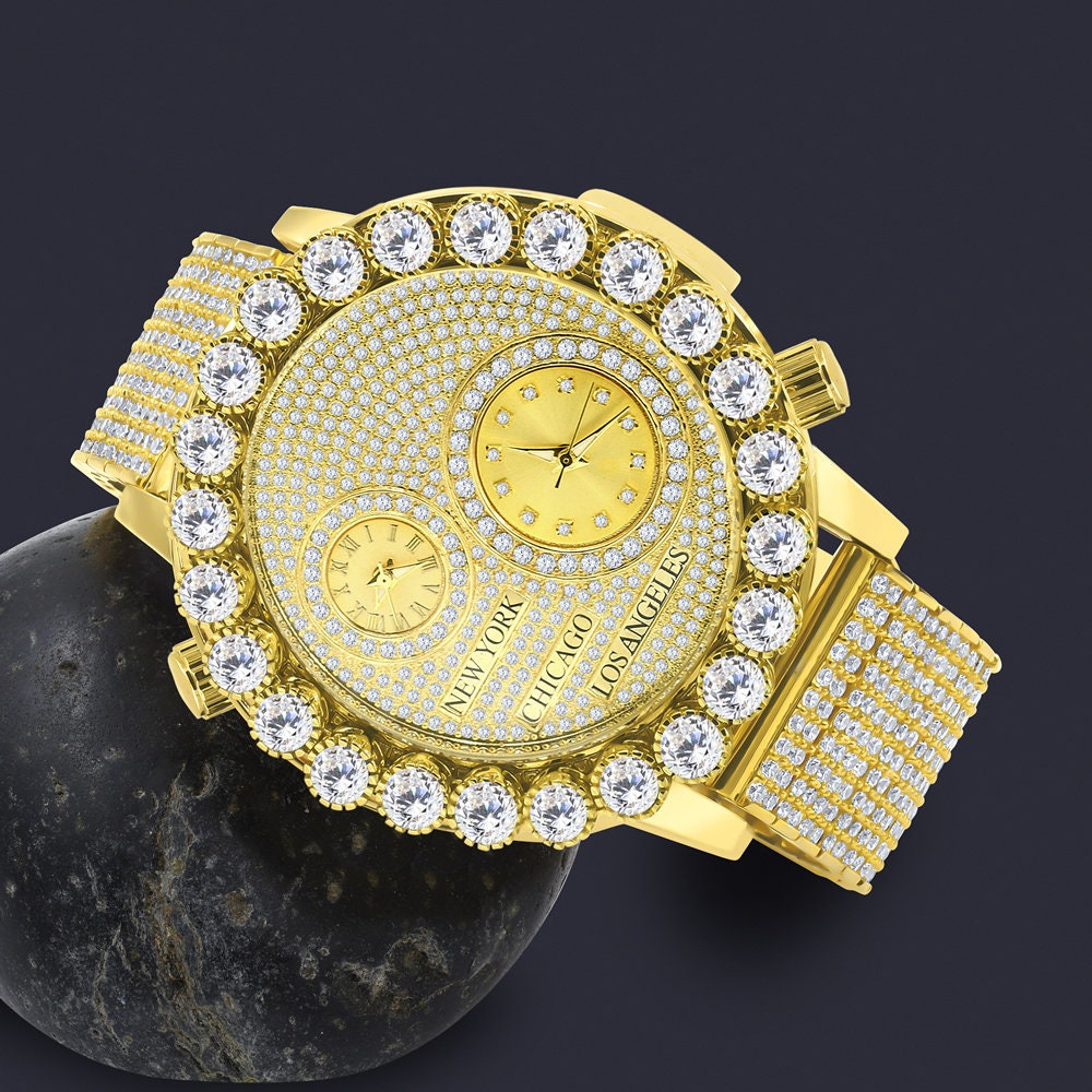 Men's Solitaire 18K Yellow Gold Finish 2 Time Zone Chronograph Real Diamond Dial Custom Bezel And Band Watch 45mm W/Date