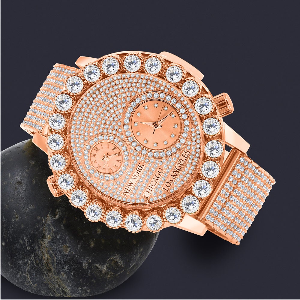 Men's Solitaire 18K Rose Gold Finish 2 Time Zone Chronograph Real Diamond Dial Custom Bezel And Band Watch 45mm W/Date