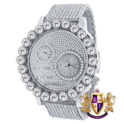 Men's Solitaire 18K White Gold Finish 2 Time Zone Chronograph Real Diamond Dial Custom Bezel And Band Watch 45mm W/Date