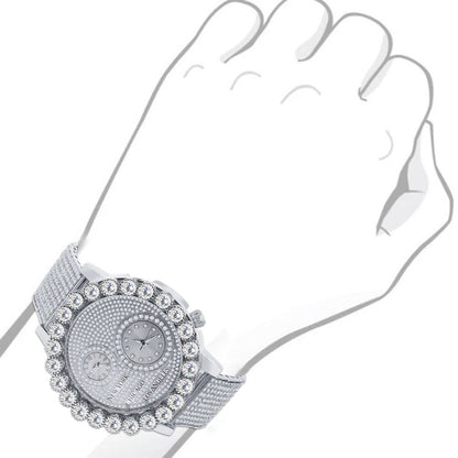 Men's Solitaire 18K White Gold Finish 2 Time Zone Chronograph Real Diamond Dial Custom Bezel And Band Watch 45mm W/Date