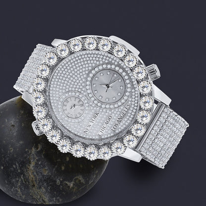 Men's Solitaire 18K White Gold Finish 2 Time Zone Chronograph Real Diamond Dial Custom Bezel And Band Watch 45mm W/Date