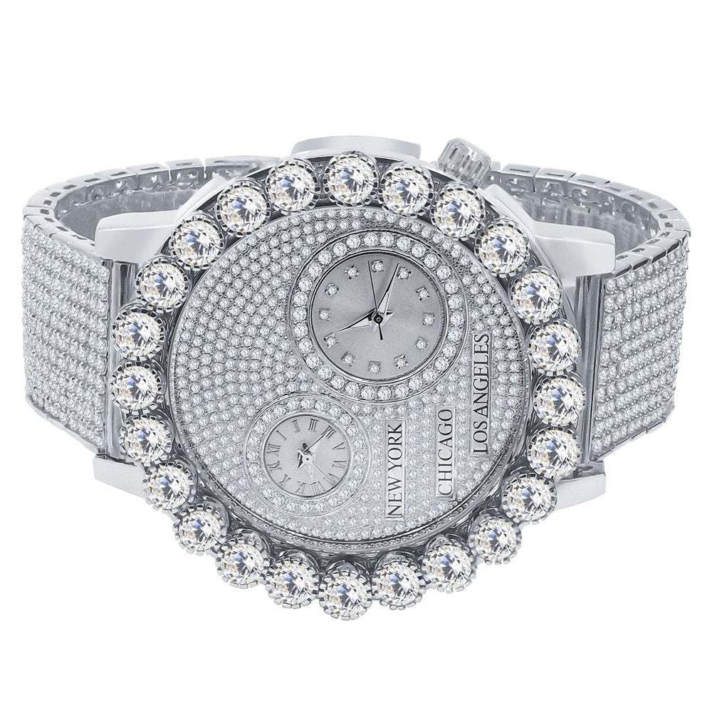 Men's Solitaire 18K White Gold Finish 2 Time Zone Chronograph Real Diamond Dial Custom Bezel And Band Watch 45mm W/Date