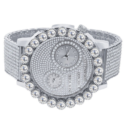 Men's Solitaire 18K White Gold Finish 2 Time Zone Chronograph Real Diamond Dial Custom Bezel And Band Watch 45mm W/Date