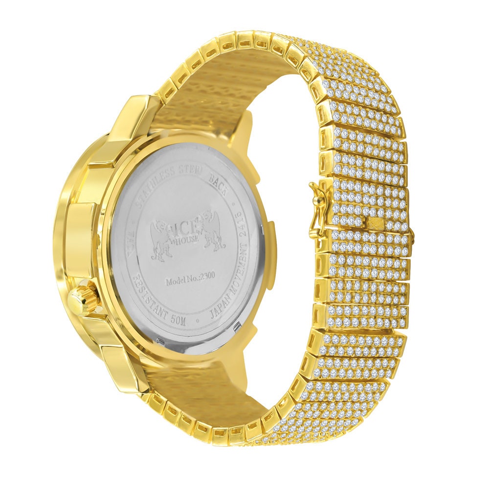 2 Time Zone Men's Chronograph Real Diamond Dial Men's 18K Yellow Gold Finish Flower Bezel Band Custom Watch Analog 45mm W/Date