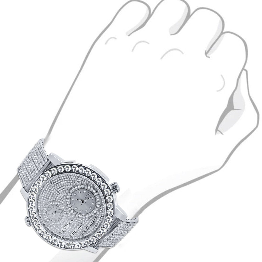 18K White Gold Finish 2 Time Zone Men's Chronograph Real Diamond Dial Men's Flower Bezel Band Custom Watch Analog 45mm W/Date