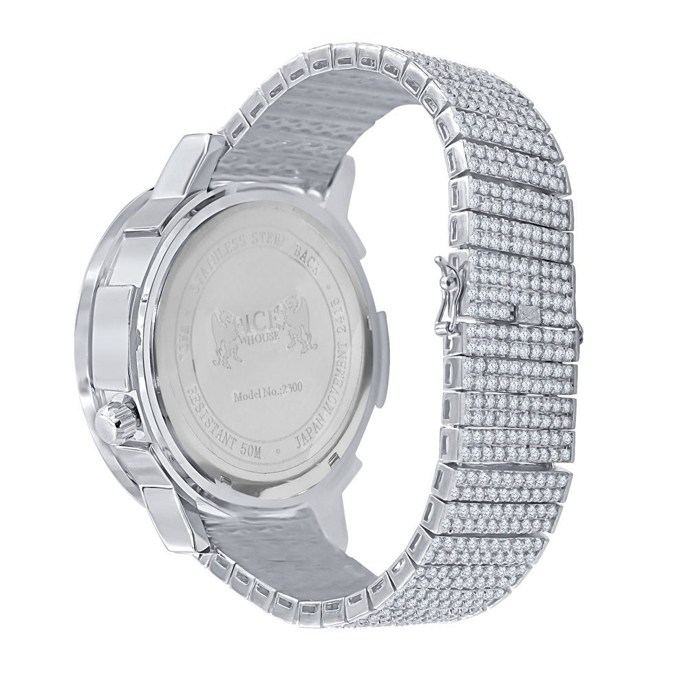18K White Gold Finish 2 Time Zone Men's Chronograph Real Diamond Dial Men's Flower Bezel Band Custom Watch Analog 45mm W/Date