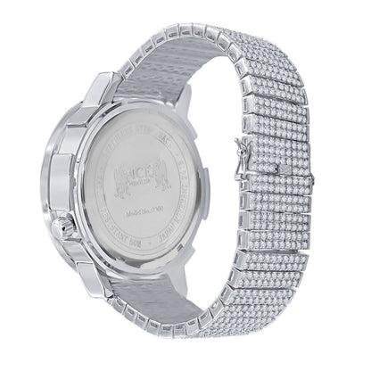 18K White Gold Finish 2 Time Zone Men's Chronograph Real Diamond Dial Men's Flower Bezel Band Custom Watch Analog 45mm W/Date