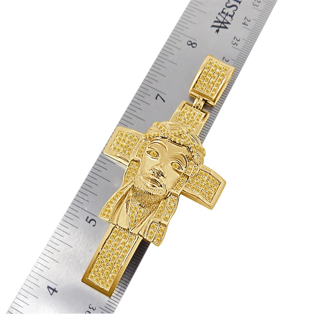 33+ Grams Real Genuine Sterling Silver Big XL 3.5'' 14k Gold Finish 4.5 Cwt. Canary Simulated Diamond Jesus Face Cross Custom Pendant Charm