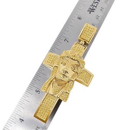 33+ Grams Real Genuine Sterling Silver Big XL 3.5'' 14k Gold Finish 4.5 Cwt. Canary Simulated Diamond Jesus Face Cross Custom Pendant Charm