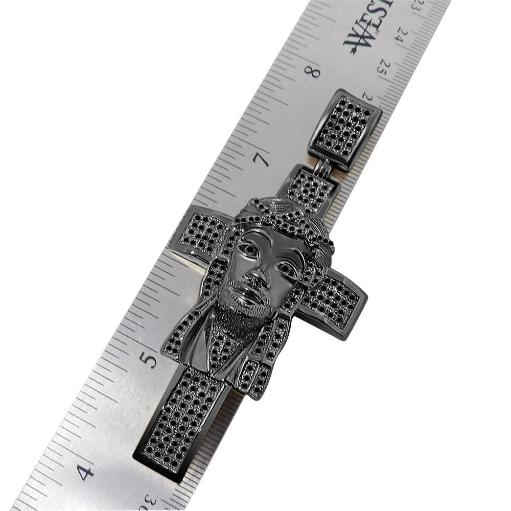 33+ Grams Real Genuine Sterling Silver Big XL 3.5'' 14k Black Gold Finish 4.5 Cwt. Simulated Diamond Jesus Face Cross Custom Pendant Charm